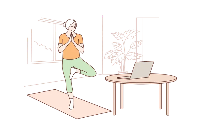 Femme faisant du yoga à partir de vidéos en ligne  Illustration