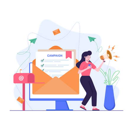 Femme faisant du marketing par courrier électronique  Illustration