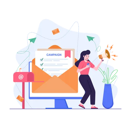 Femme faisant du marketing par courrier électronique  Illustration