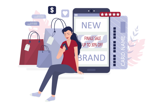 Femme faisant du shopping en utilisant un mobile  Illustration