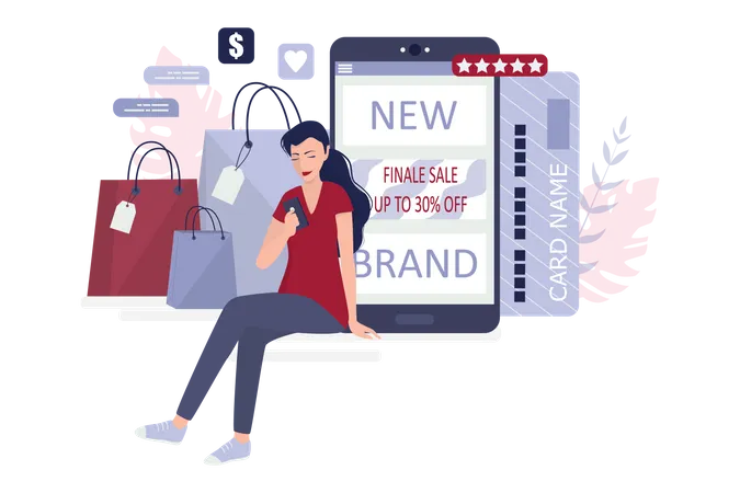 Femme faisant du shopping en utilisant un mobile  Illustration