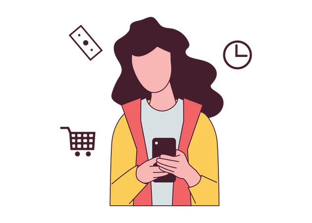 Femme faisant du shopping en utilisant un mobile  Illustration