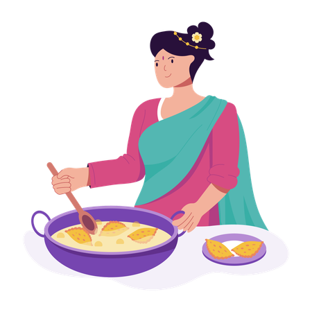 Une femme fait la cuisine pour Diwali  Illustration