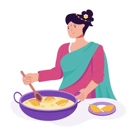 Une femme fait la cuisine pour Diwali  Illustration