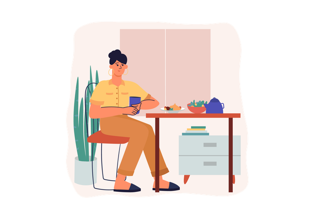 Femme faisant le petit déjeuner sur la table  Illustration