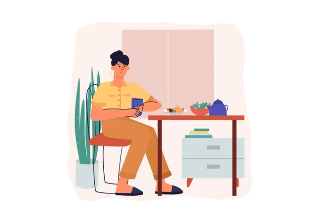 Femme faisant le petit déjeuner sur la table  Illustration