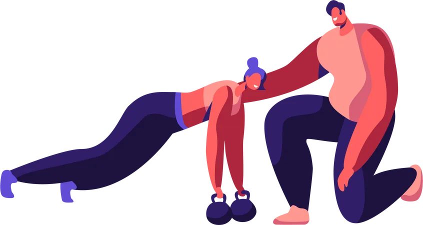 Femme faisant des pompes sur Kettlebell avec un entraîneur masculin  Illustration