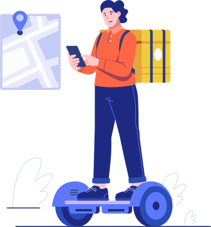 Une femme effectuant une livraison sur un hoverboard  Illustration