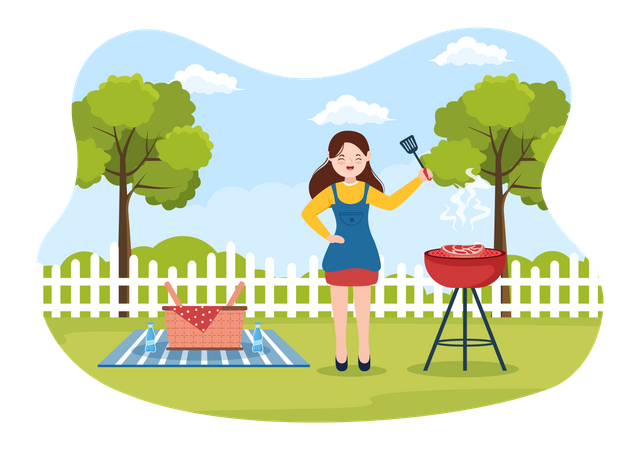 Femme faisant un barbecue dans la cour  Illustration
