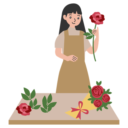 Femme faisant un bouquet de fleurs  Illustration