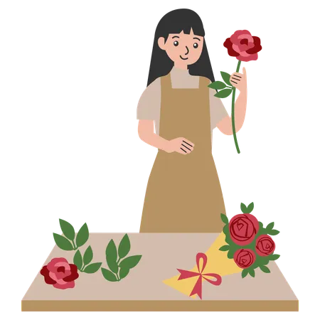 Femme faisant un bouquet de fleurs  Illustration