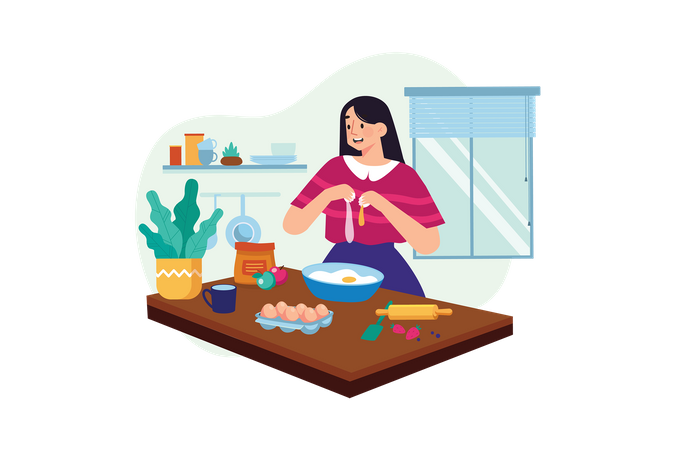 Femme faisant un plat d'oeufs dans la cuisine  Illustration