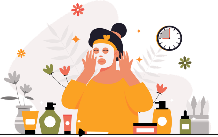 Femme faisant un soin du visage avec un masque de soins de beauté  Illustration