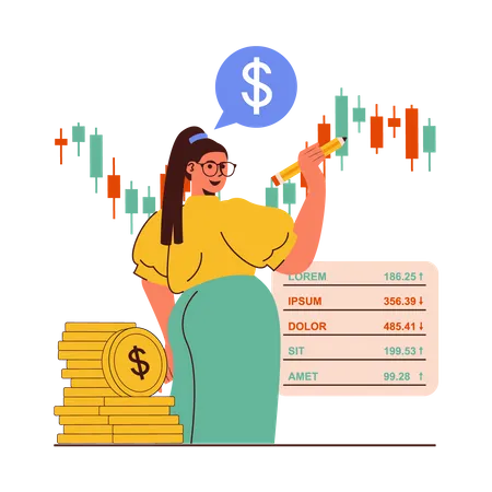 Femme faisant une analyse boursière  Illustration