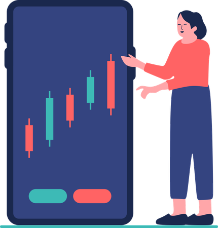 Une femme effectue une analyse de chandeliers sur une application mobile  Illustration