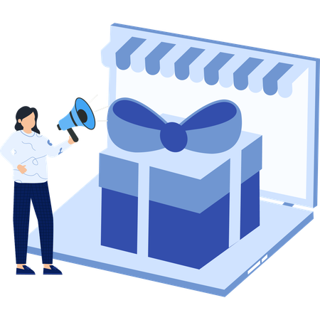 Une femme fait une annonce de cadeau en ligne  Illustration