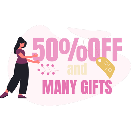 Une femme fait une offre à 50 % sur de nombreux cadeaux  Illustration