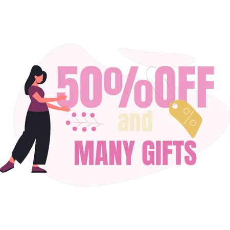 Une femme fait une offre à 50 % sur de nombreux cadeaux  Illustration