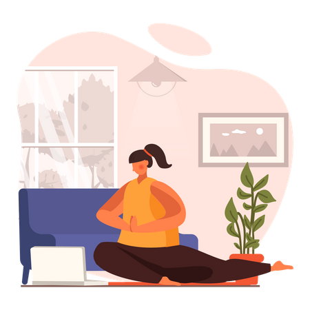 Femme faisant une pose de yoga à la maison  Illustration