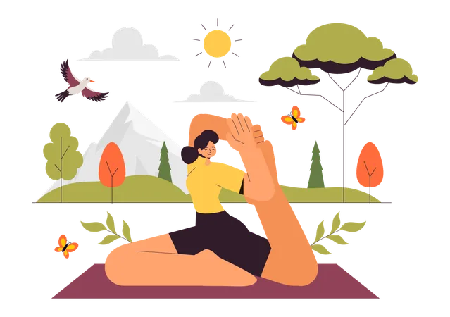 Femme faisant une pose de yoga dans un parc  Illustration