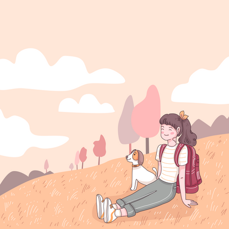 Femme faisant de la randonnée avec un chien  Illustration