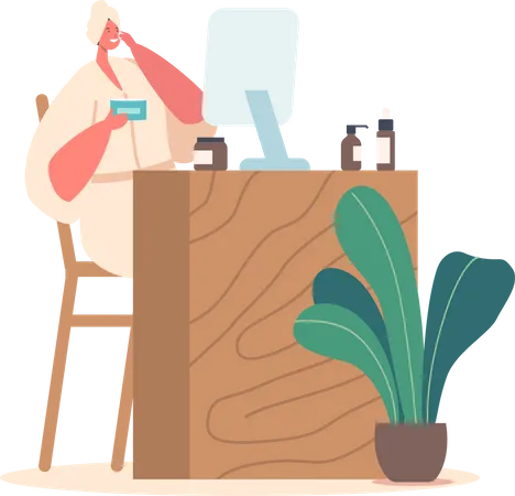 Femme faisant une routine quotidienne de soins du visage  Illustration