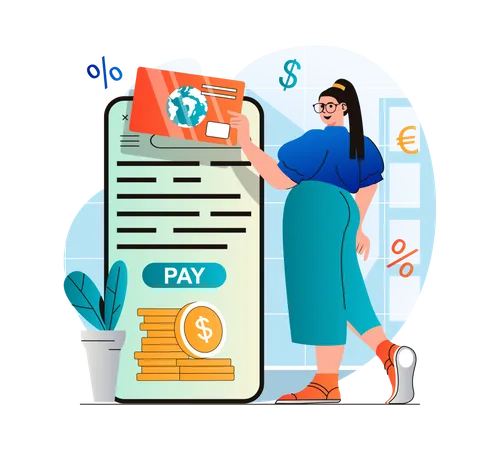 Femme effectuant une transaction internationale en ligne avec une carte  Illustration