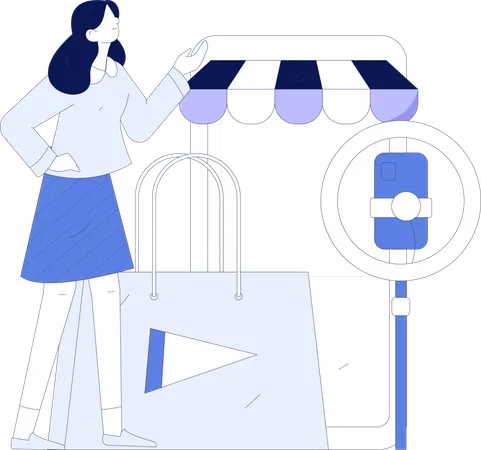 Une femme fait du shopping en podcast  Illustration