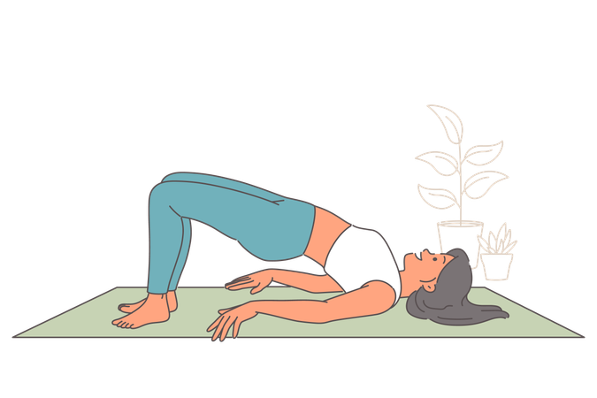 Une femme fait du Pilates sur un tapis de yoga tout en faisant preuve de flexibilité et en se sentant mieux grâce aux étirements  Illustration