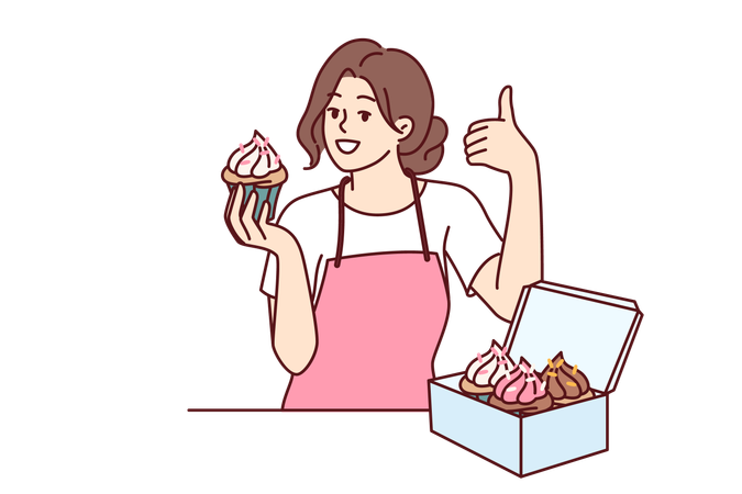 Une femme prépare un cupcake aux fraises  Illustration