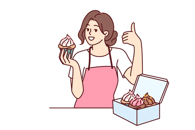 Une femme prépare un cupcake aux fraises  Illustration