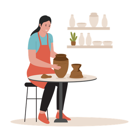 Une femme fabrique un vase en argile  Illustration
