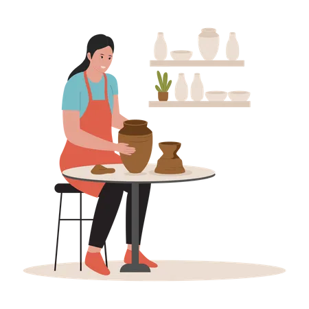 Une femme fabrique un vase en argile  Illustration