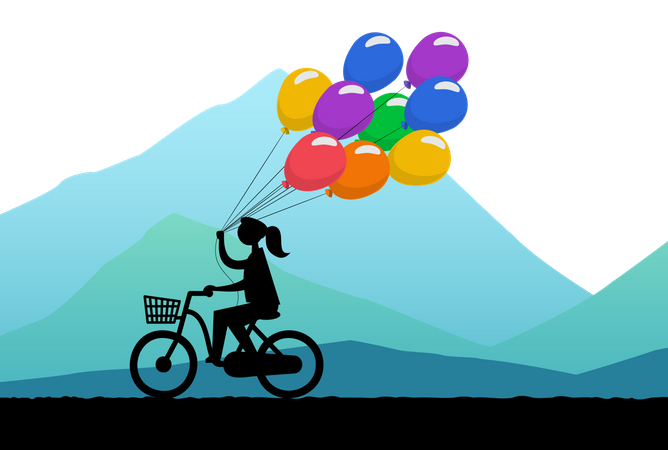 Une femme fait du vélo et porte un tas de ballons  Illustration