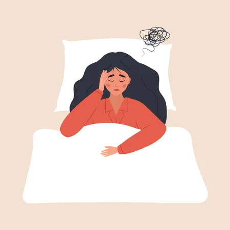 Une femme fatiguée et bouleversée souffre de maux de tête  Illustration