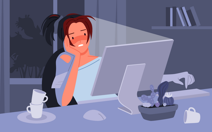 Femme fatiguée travaillant sur ordinateur la nuit  Illustration