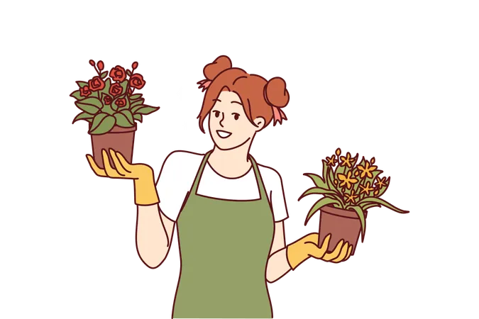Fleuriste femme avec des pots de fleurs  Illustration