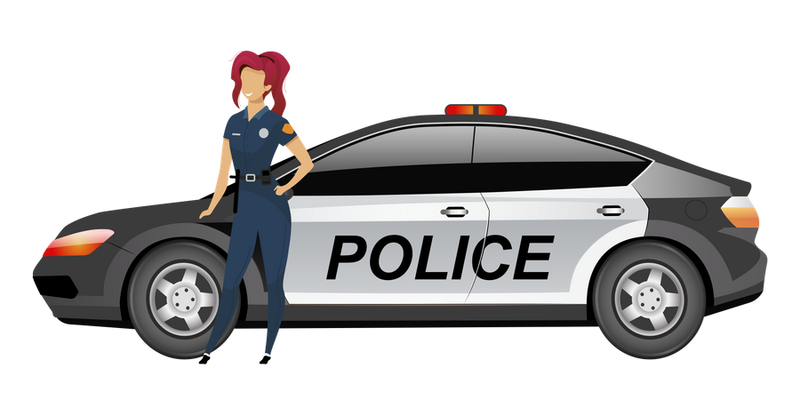 Femme flic debout près de la voiture  Illustration