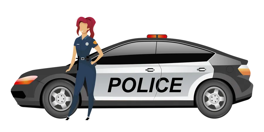 Femme flic debout près de la voiture  Illustration