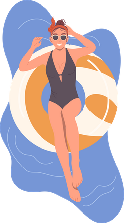Femme flottant dans un anneau en caoutchouc gonflable dans une piscine  Illustration