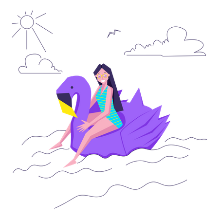 Femme flottant sur un canard en caoutchouc  Illustration