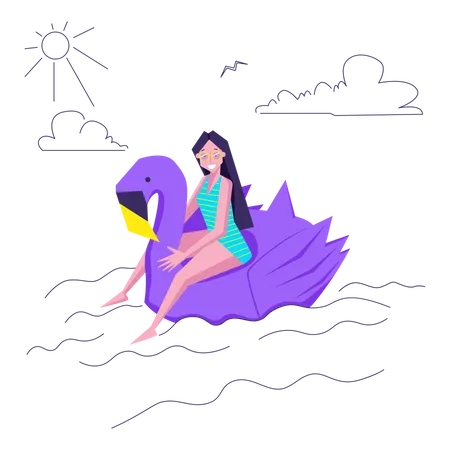 Femme flottant sur un canard en caoutchouc  Illustration