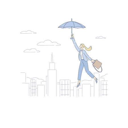 Femme flottant sur un parapluie au-dessus de la ville  Illustration