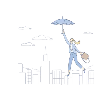 Femme flottant sur un parapluie au-dessus de la ville  Illustration