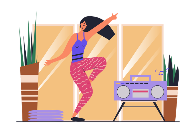 Femme formant la danse moderne en cours de studio et écoutant de la musique sur un tourne-disque  Illustration