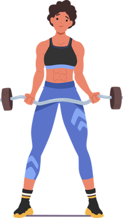 Femme forte faisant des flexions de biceps avec une barre lourde  Illustration