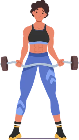 Femme forte faisant des flexions de biceps avec une barre lourde  Illustration