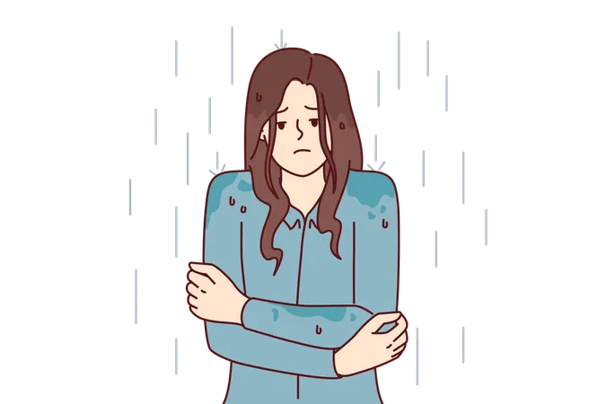 Femme frissonnant sous la pluie sans imperméable  Illustration