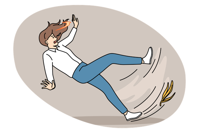 Une femme stressée et frustrée tombe avec une étagère à bananes à ses pieds et tombe soudainement  Illustration