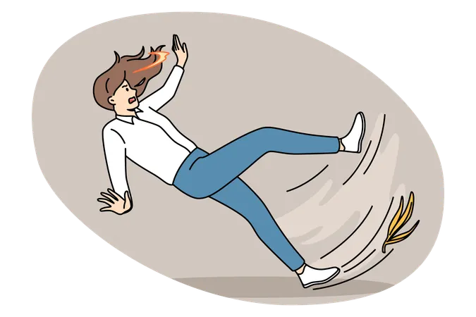 Une femme stressée et frustrée tombe avec une étagère à bananes à ses pieds et tombe soudainement  Illustration